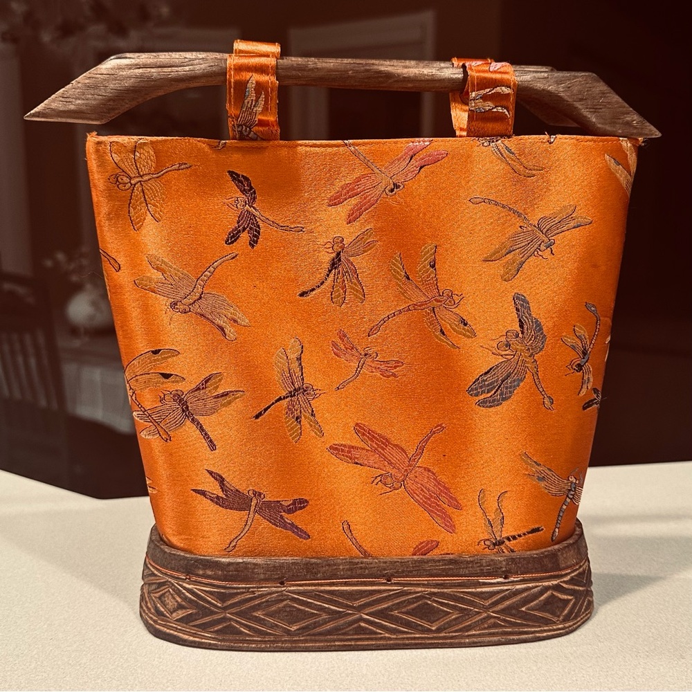 Vintage Dragonfly Bag Wood Handle Artisanal Boho Asian Statement Purse